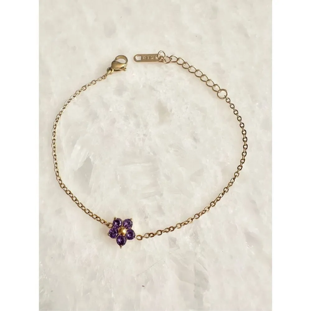 Delicate purple cubic zirconia flower chain bracelet